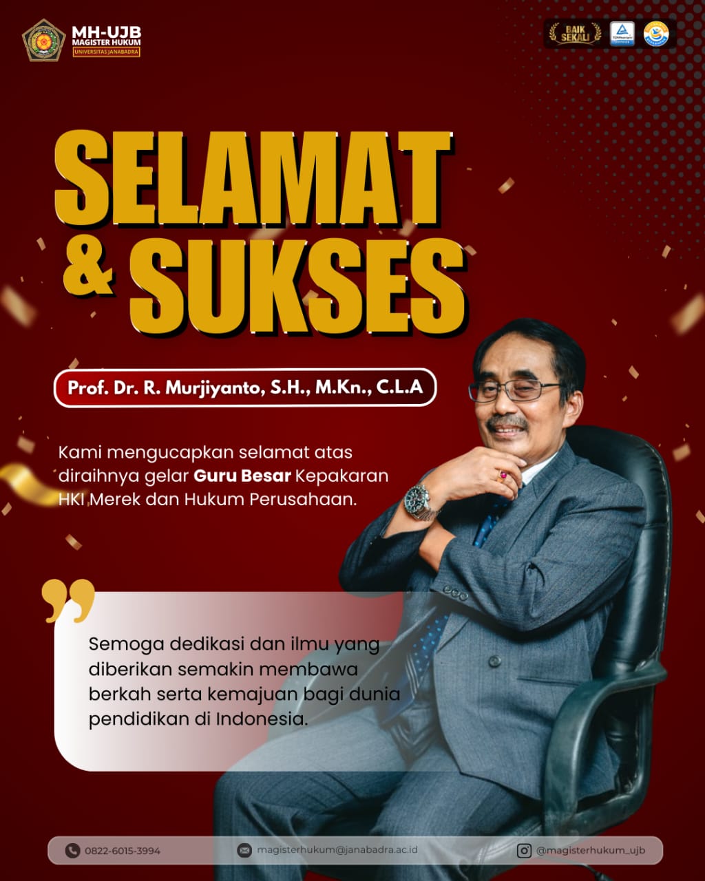 Selamat & Sukses Prof Dr R Murjiyanto, S.H., M.Kn 